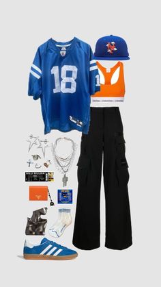 an assortment of sports gear including sneakers, t - shirt and hat