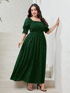 Plus Size Women Summer Vacation Style Printed Square Collar Short Puff Sleeve Long Elegant Dress Green Casual  Half Sleeve Fabric Geometric,Polka Dot,All Over Print A Line Non-Stretch  Women Plus Clothing, size features are:Bust: ,Length: ,Sleeve Length: Green Polka Dot Dress, Summer Vacation Style, Short Puff Sleeve, Elegant Maxi Dress, Jumpsuit Elegant, Christmas Green, Slim Fit Top, Elegant Dresses Long, Maxi Dress Green