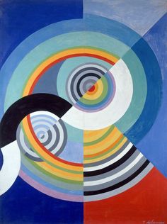 an abstract painting with different colors and shapes on it's surface, including circles