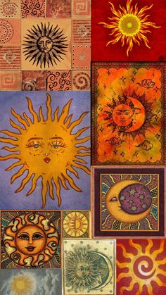 the sun and moon are depicted in many different colors, shapes, and sizes on this panel