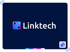 the link tech logo is shown on a dark background with blue and pink squares around it