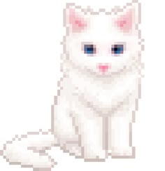 a white cat with blue eyes is shown in pixel art style on a white background