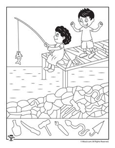 a boy and girl fishing on the dock coloring page