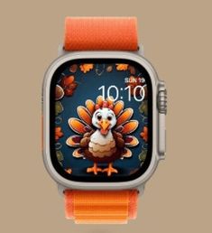 an apple watch with the image of a turkey on it's face and orange band