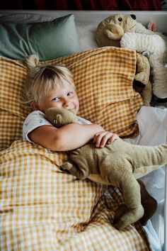 a little boy laying in bed with stuffed animals