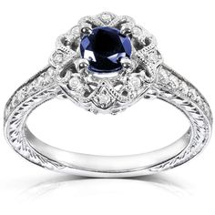 Antique Round-cut Sapphire and Diamond Engagement Ring 3/4 Carat (ctw) in 14k White Gold Stylish Engagement Rings, Sapphire Diamond Engagement, Vintage Style Engagement Rings, Diamond Birthstone, Vintage Engagement Ring, Diamond Engagement Rings Vintage, Engagement Ring White Gold, Stylish Rings, Sapphire Diamond Ring