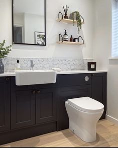 a white toilet sitting under a bathroom mirror next to a sink and counter top with plants on it