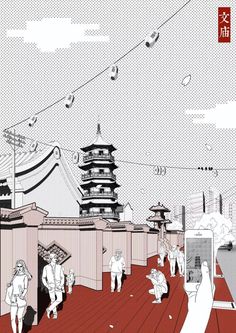 an illustration of people walking on a boardwalk in front of a building with pagodas