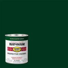 a can of green paint with the words rustoleum next to it on a dark green background