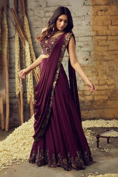 Buy Nehha Nhata Purple Crepe Pre-draped Sharara Saree With Embroidered Blouse Online | Aza Fashions Sharara Saree, Function Dresses, Simple Lehenga, Lehenga Designs Simple, Traditional Indian Dress, Fancy Sarees Party Wear, Half Saree Designs, Saree Designs Party Wear, Maroon Dress