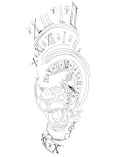 an ink drawing of a clock with roman numerals and zodiac signs on it