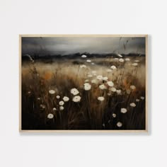 an abstract painting with white flowers in the foreground and dark clouds in the background