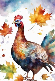 a watercolor painting of a turkey with autumn leaves on it's back ground