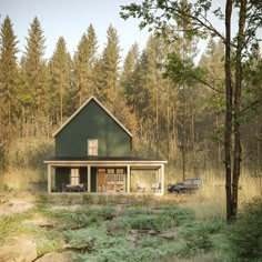 a house in the woods near a stream