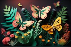 paper cut butterflies and plants on a black background with red, orange, yellow and green leaves