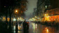 a painting of two people walking down the street in the rain with an umbrella over their heads