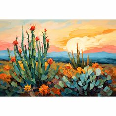 a painting of cactus plants with the sun setting in the background