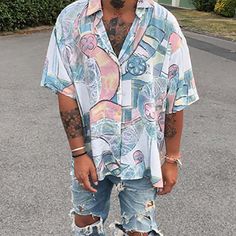 Fashion Loose Watercolor Printed Shirt Hawaiian Fashion, Mens Shirts Online, Short Men, Loose Watercolor, Abstract Graphic, Pink Rainbow, Tops Casual, Loose Shirts