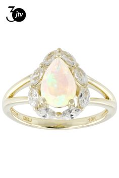 0.77ct Pear Ethiopian Opal And 0.72ctw Round White Zircon 10k Yellow Gold Ring. Measures Approximately 0.50"L x 0.52"W. Accent Stones Primarily Zircon. Yellow Gold Ring, Ethiopian Opal, Gold Ring, Pear, Opal, Yellow Gold, Ring, Yellow, Gold