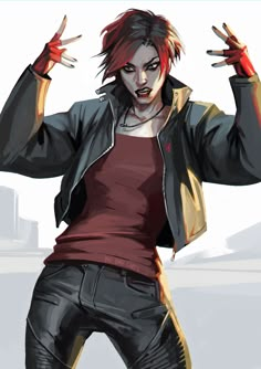 a woman with red hair and black pants holding her hands in the air