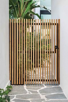 an open wooden gate in front of a white wall and potted plant on the side