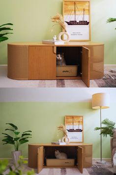 The Poop Lounge offers the perfect way to hide your cat litter box in small homes and apartments. Its sleek design fits perfectly with any room and chic decor. This cabinet-style dog-proof enclosure doubles as furniture, controlling odors and containing litter. It's an ideal solution for cat owners who want to catify their homes with hidden litter box ideas. Cat litter box ideas for hidden cabinets are perfect even for large cats or multiple cat households. Make your cats happy at myshichic.com Litter Box Ideas Hidden, Cat Litter Box Ideas Hidden, Cats Happy