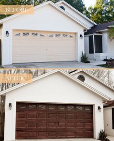 before and after photos of a white house with brown garage doors on the front door