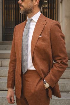 orange suit, light summer suit, interesting men’s suit, unique groomsmen ideas Summer Wedding Guest Suit, Wedding Guest Suit, Unique Mens Wedding Suits, Outfits For Europe, Groomsmen Outfit