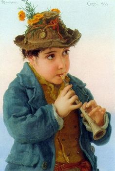 a painting of a young boy wearing a hat and holding a pipe to his mouth