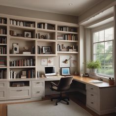 a home office with bookshelves and desk in front of a large window,