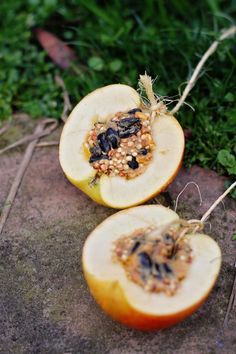 two halves of an apple with seeds in them