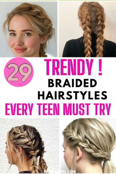 Check out 29 trendy braided hairstyles for teens, including braided hairstyles for young black teens, with color, twists, and updos! #BraidedHairstylesForTeens Teen Updo Hairstyles, Hair Styles Braids Ideas, Fun Braided Hairstyles, Braids For Teens, Fun Hair Styles, Trendy Braided Hairstyles, Simple Braids