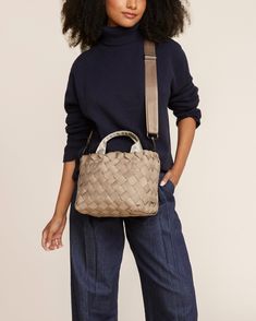 Handwoven neoprene and nylon handles in taupe. Crafted with a wide weave, the Tangier Small Tote is perfect for everyday. Neoprene Tote, Vegan Handbags, Tangier, Linen Short, Silhouette Crafts, Small Tote, Mini Tote, Zip Pouch, Staple Pieces