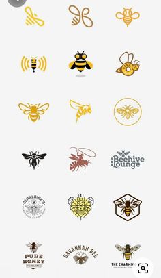 the logos for different businesses are shown in yellow and black, including honeybees