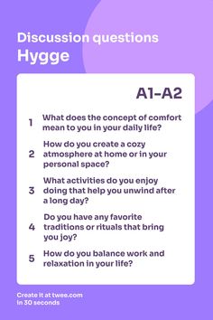 a purple poster with the words, discussion questions hygge and an image of a