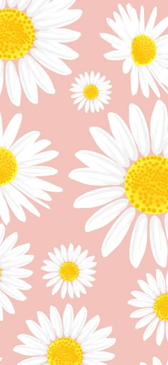 a pink background with white daisies and yellow centers