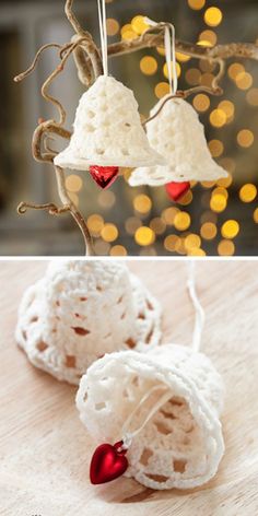 crocheted christmas ornaments hanging from a tree