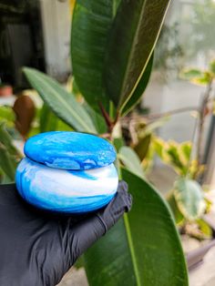 a hand in black glove holding a blue and white frisbee