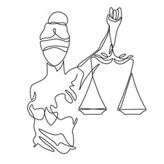 a line drawing of a lady justice figure holding a scale with the scales in front of her