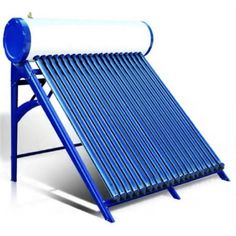 a blue solar water heater sitting on top of a white table next to a pipe