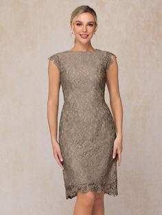 Taupe Modern Mother Of The Bride Dresses, Mother Of The Bride Looks, Lace Wedding Guest Dress, Knee Length Lace Dress, Planning Wedding, Mob Dresses, Lace Neckline, Cap Dress, Sleeves Dress