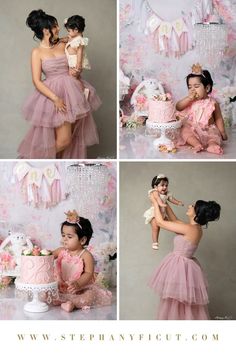 two girls in pink dresses and one is eating cake