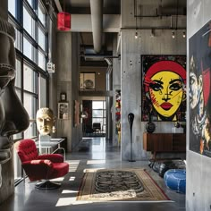 An industrial hallway with a neutral base of gray and black, punctuated by bold accents of red, yellow, and blue in the artwork, furniture, and accessories3 Industrial Hallway, Hallway Design Ideas, Industrial Era, Hallway Inspiration, Industrial Style Decor, Hallway Design, Rugged Look, Industrial Style, Industrial Design