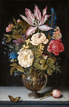 a painting of flowers in a glass vase on a table next to a butterfly and flower pot