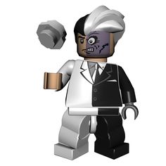 a lego man in a suit and tie with an evil look on his face holding a hammer