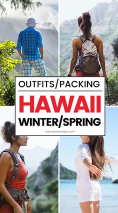 four photos with the words hawaii and two people walking in front of water, mountains and trees