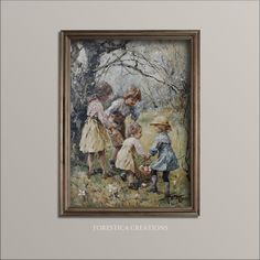 an oil painting of children playing in the woods