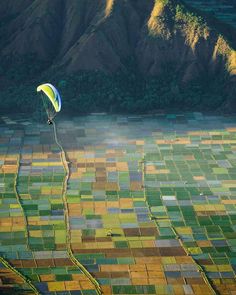 a paraglider glides through the countryside on a sunny day