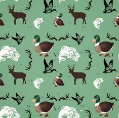 an image of ducks and deers on a green background that is very similar to the same wallpaper