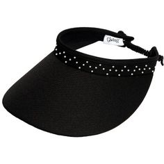 a black visor with white polka dots on the side and a name tag attached to it